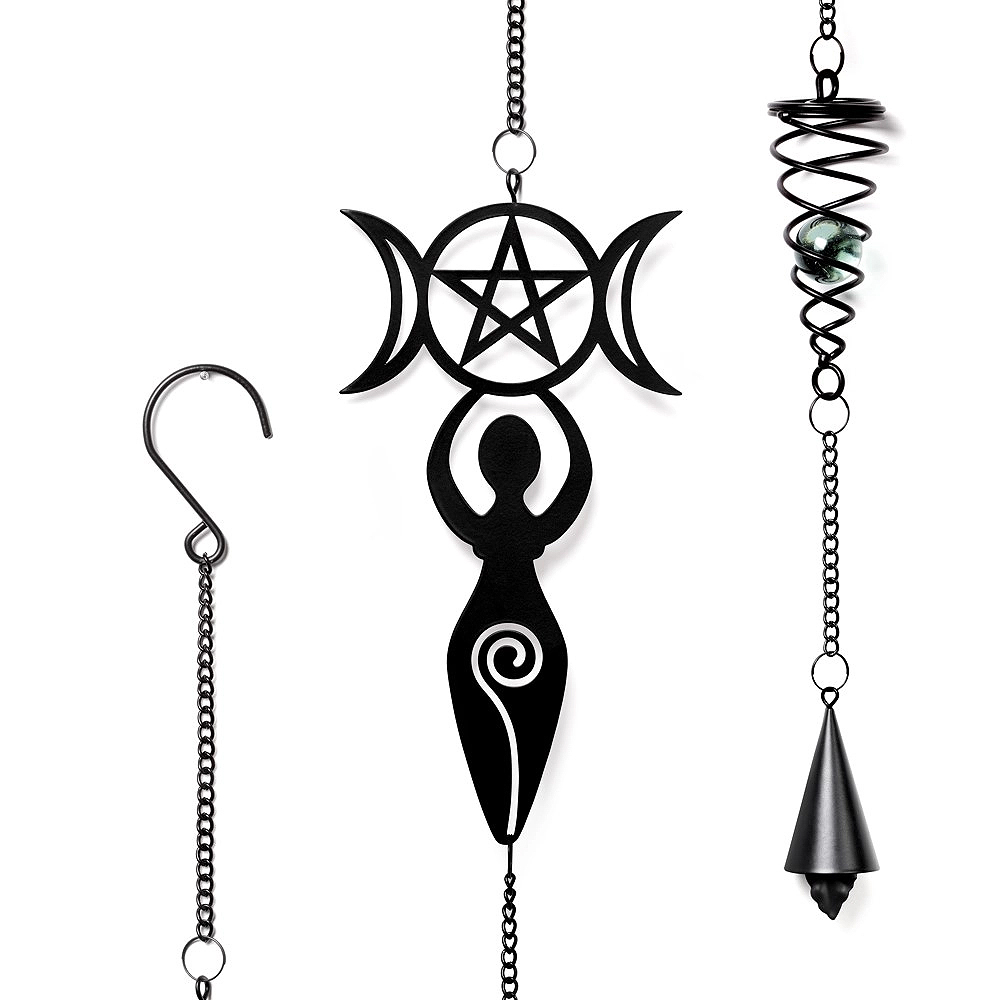 Black metal Danu Goddess hanging decoration with triple moon, pentacle and glass orb.