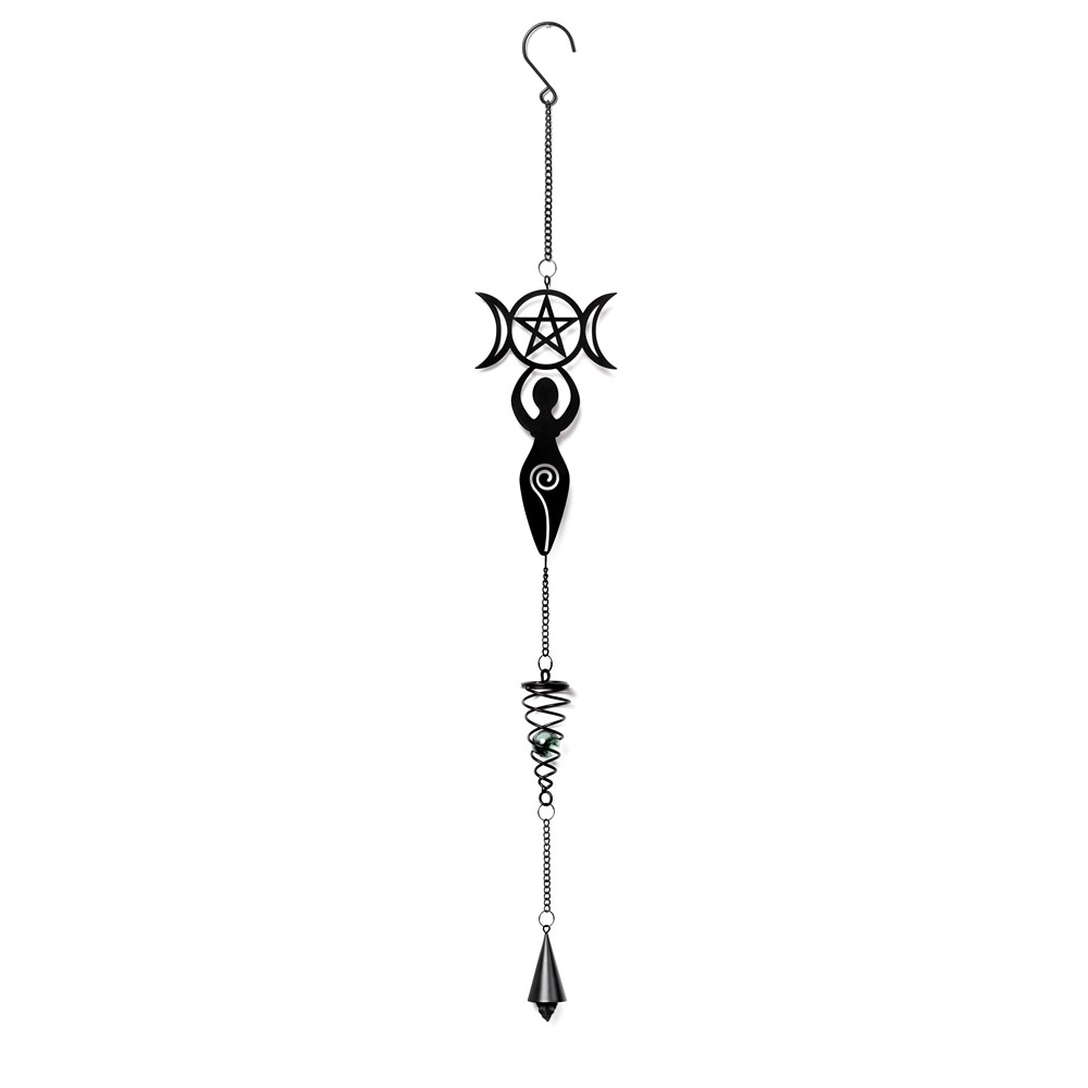 Black metal Danu Goddess hanging decoration with triple moon, pentacle and glass orb.
