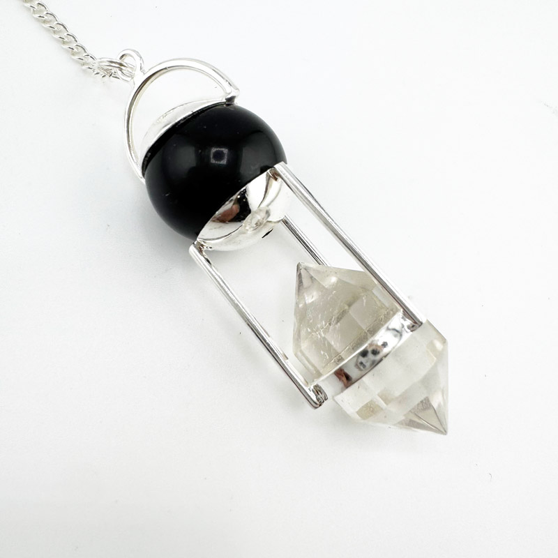 Obsidian & Double-Terminated Clear Quartz Pendulum